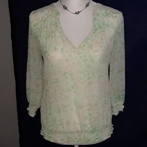 New York and Company green and tan floral blouse